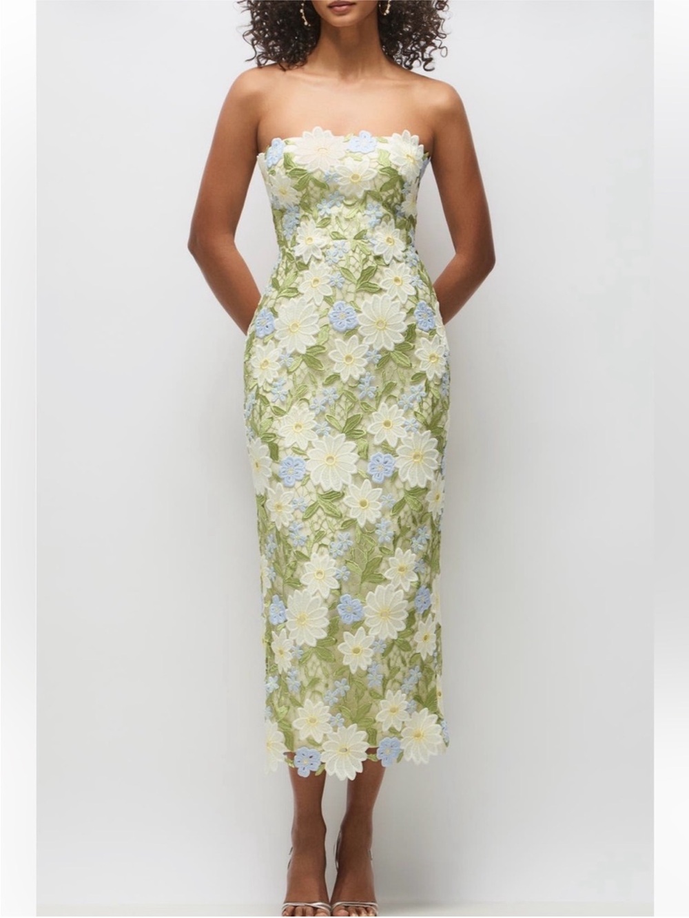 Dessy Collection Alice Floral AppliquΓ© Strapless Midi Dress Daisy